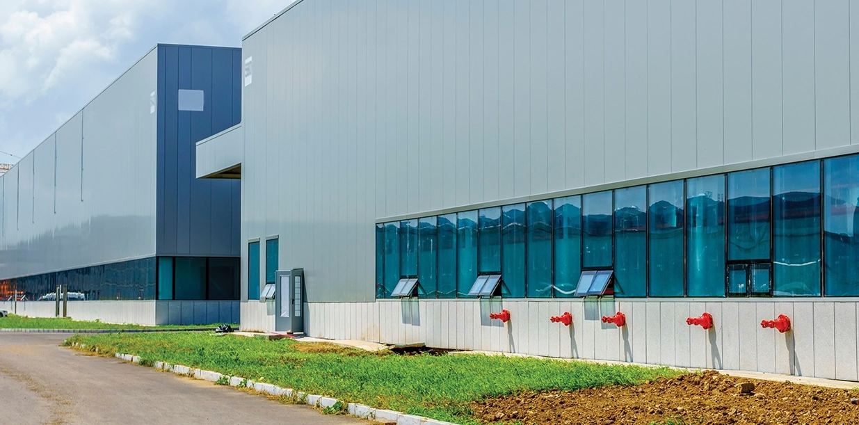 Pre-engineered steel building with glazed facade